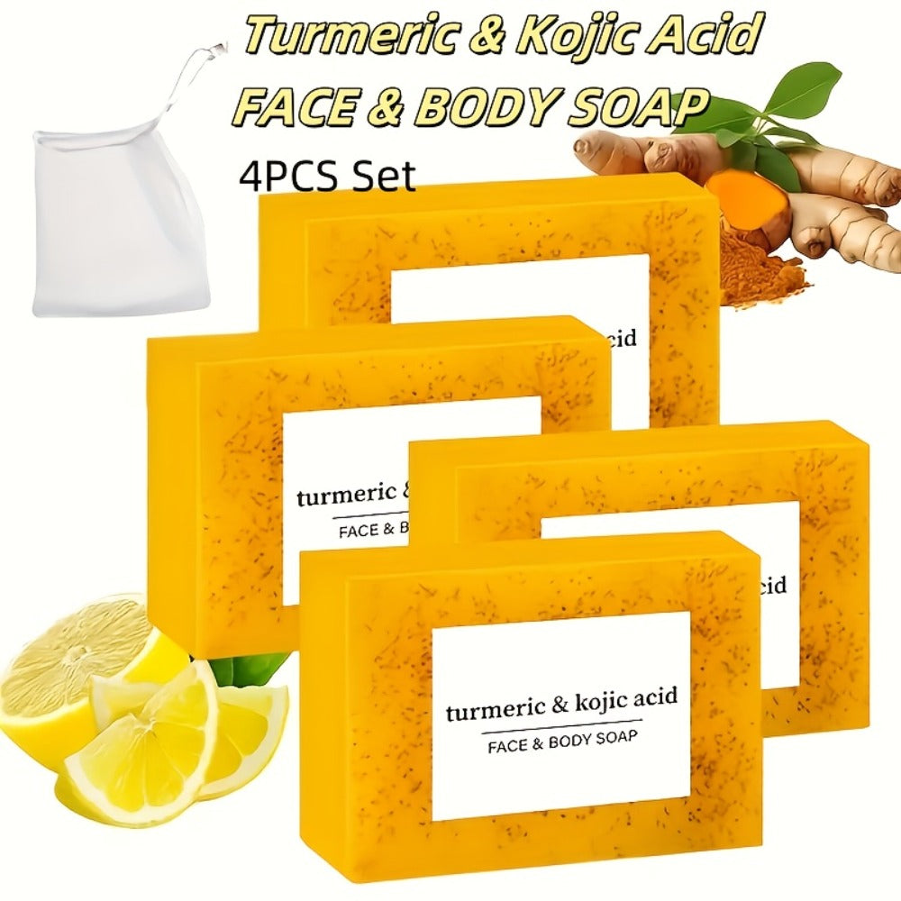 Turmeric and Kojic Acid Bar Soap, Four-Piece Orange Bar Set with Included White Foaming Mesh Net — image 1