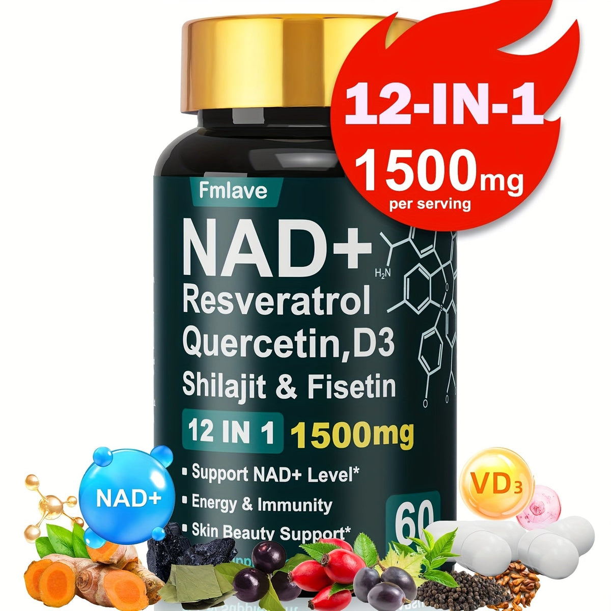 NAD+ Supplement Capsules 1500mg 12-in-1 with Nicotinamide Riboside & Quercetin for Bath Time, Home Spa and Personal Care — im