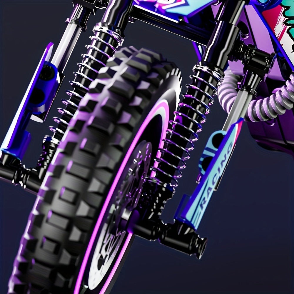 Building Block Set Off-Road Motorcycle Model, 476-Piece Purple and Black Bike with Display Dimensions and Instructions — imag