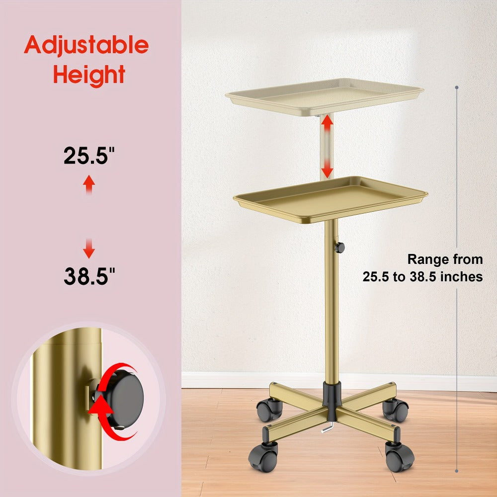 6-Color Premium Aluminum Salon Rolling Tray on Wheels – Adjustable Height Hairdresser Cart, Tattoo Tray, Spa Service Trolley 