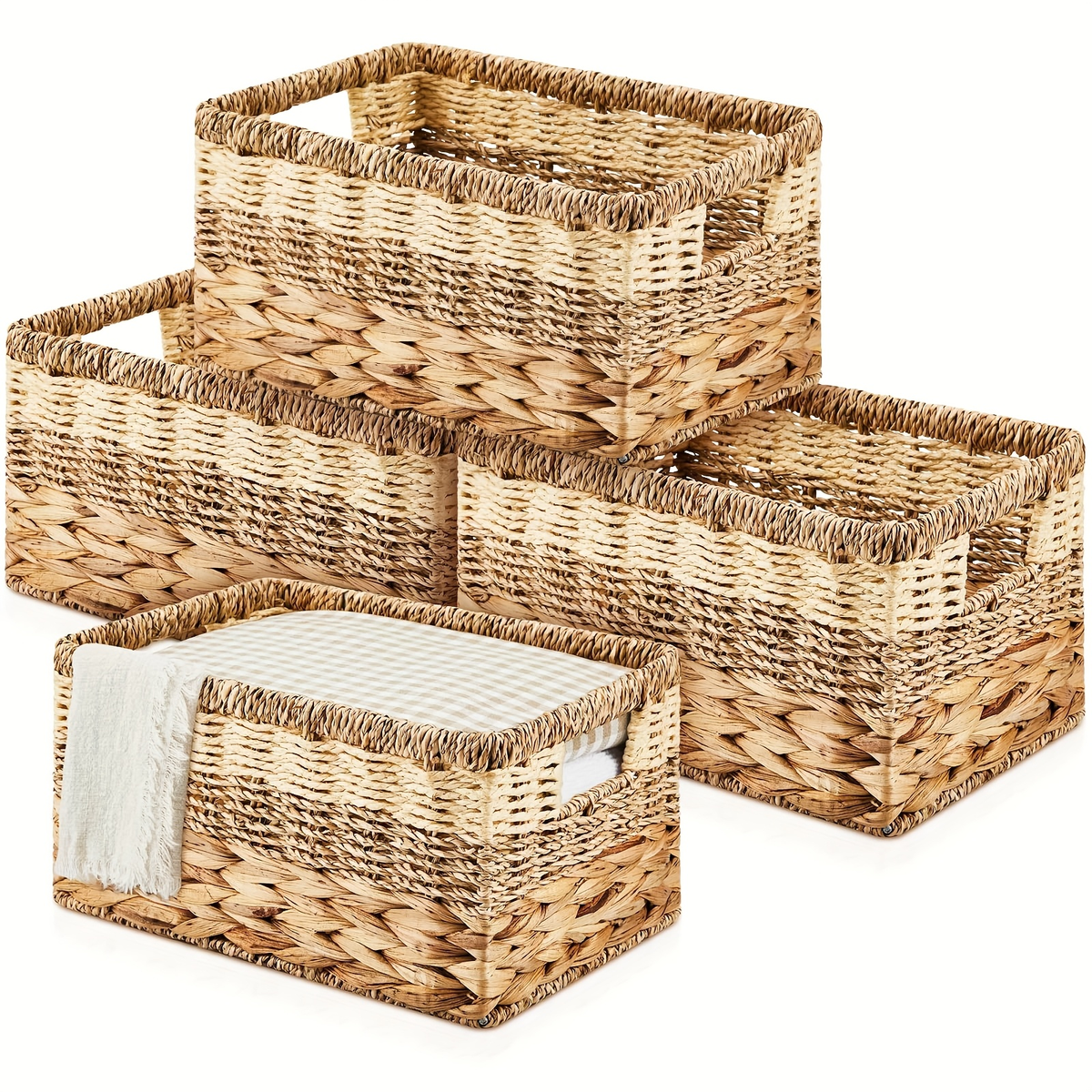 Water Hyacinth Wicker Storage Baskets Set of 4 with Handles, 12 x 8 x 6.3-Inch Shelf Organizers — image 1
