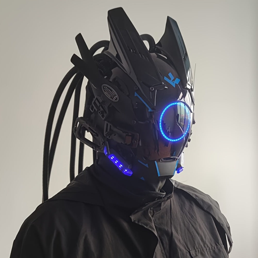 LED Braided Cyberpunk Costume Helmet with Circular Face Light and Blue, Green or Pink Accent Styles — image 25