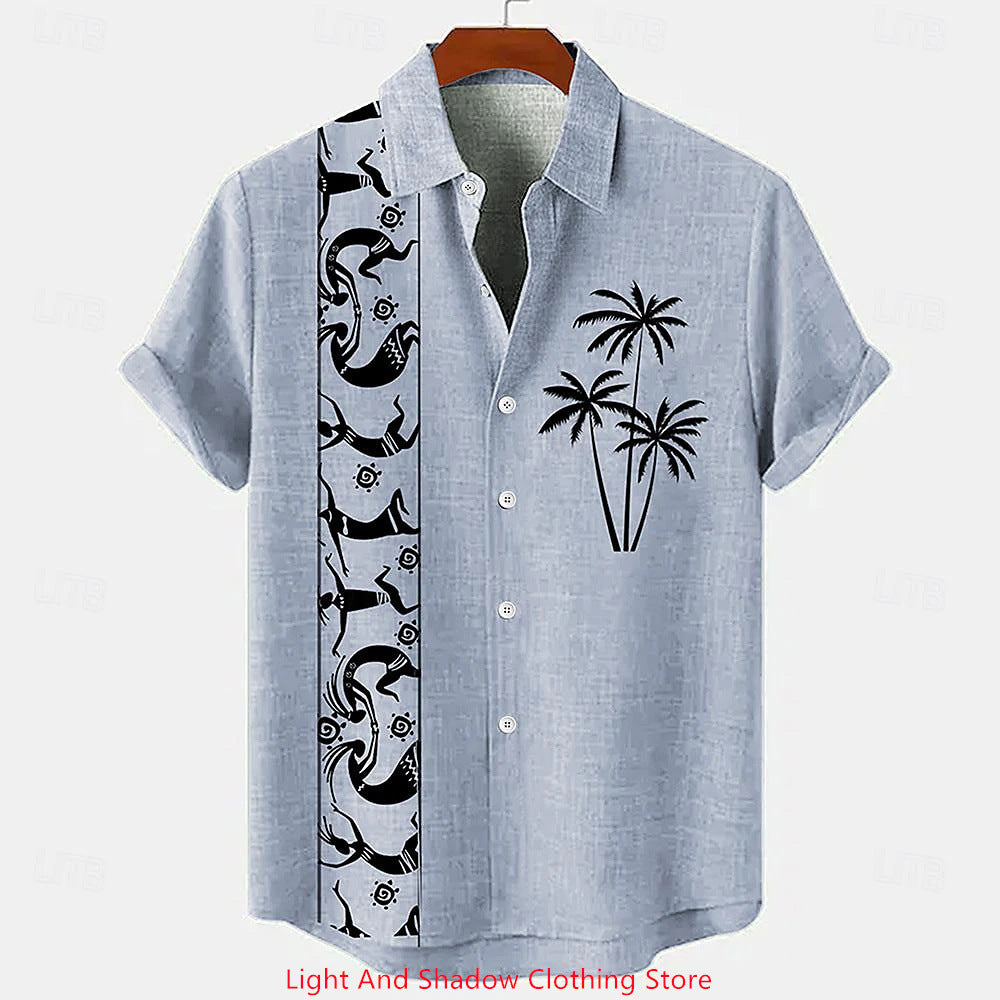 Short-sleeve Patterned Shirt With Printed Buttons And Short-sleeve Patchwork