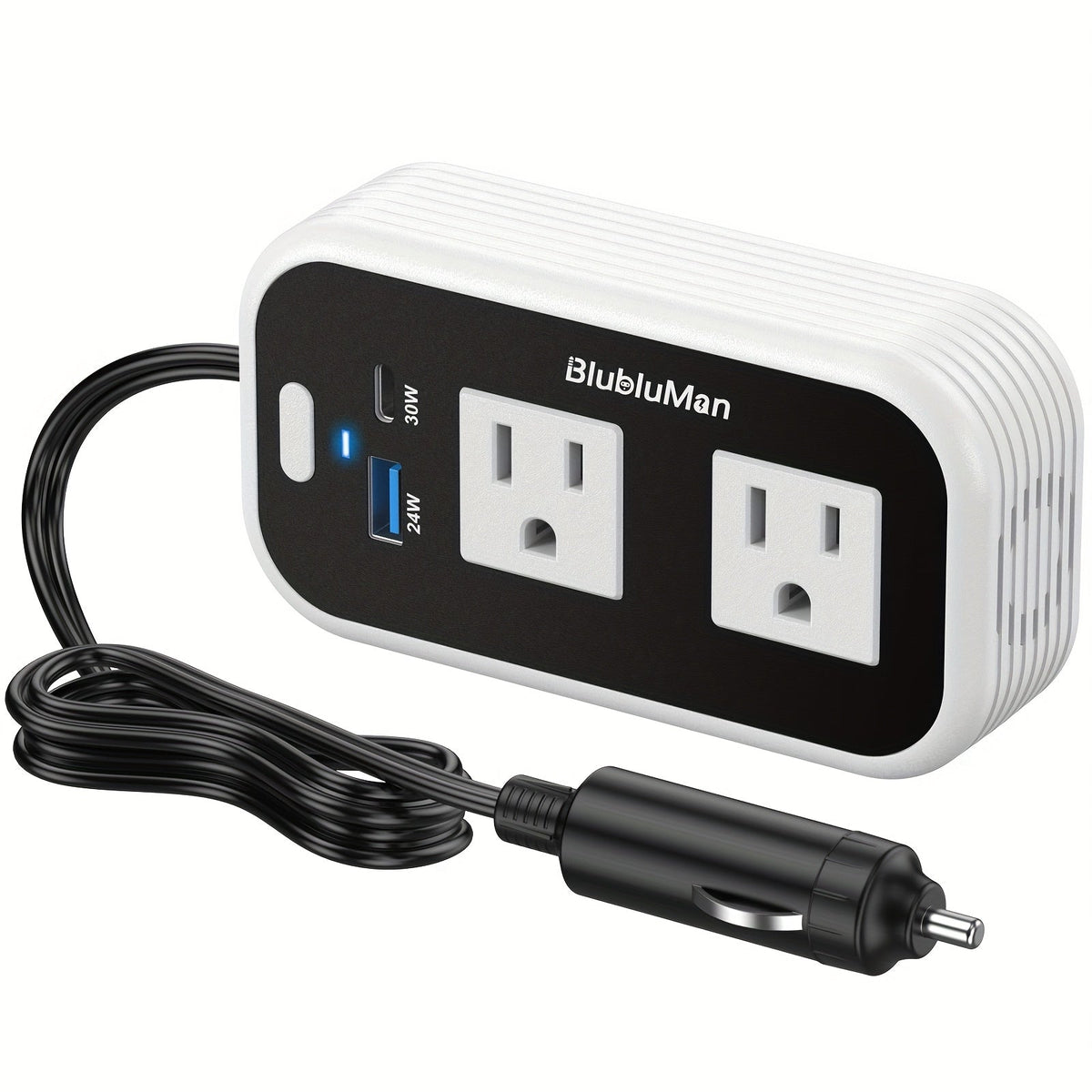 White-and-Black 200W Car Power Inverter with Two AC Outlets, 30W PD USB-C and 24W QC3.0 Ports — image 1