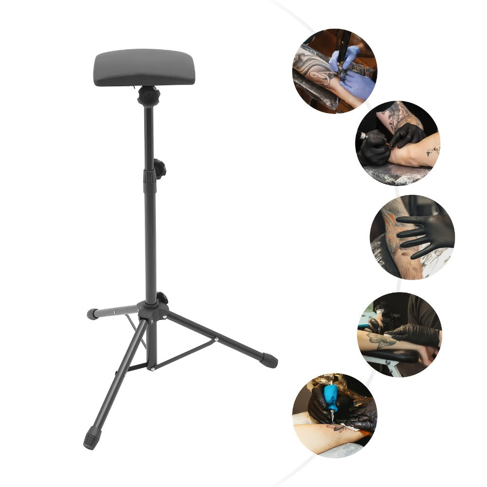 Tattoo Armrest Stand Adjustable Tripod with 15 Disposable Pads & 10 Gloves – 180° PU Padded Arm Leg Rest Portable Collapsible