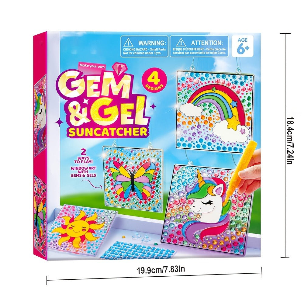 Suncatcher Painting Kit 4pcs for Kids, 2-in-1 Window Art with Gem Stickers & Paint Pens, Butterfly Unicorn Rainbow Sun Design