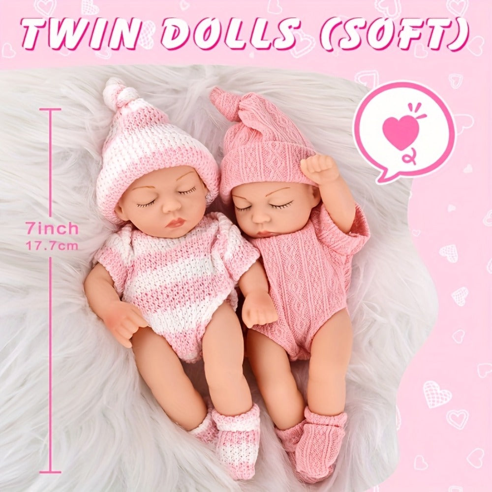 Twin Baby Doll Set with Two 7-Inch Soft Dolls, Pink Knit Hats, Rompers and Two Pairs of Matching Socks — image 8