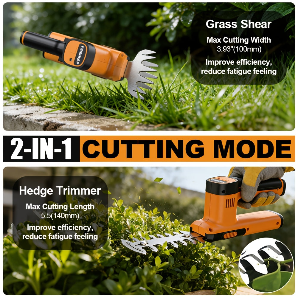 Electric Hedge Trimmer 2-in-1 Cordless with Rechargeable Lithium Battery, Brushless Motor Pruning Shears & Grass Shrub Cutter