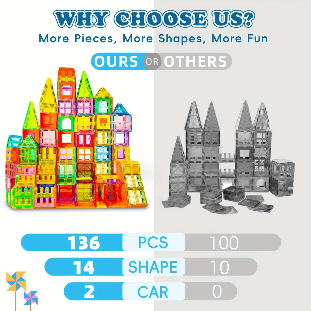Magnetic Tiles for Kids 106/136pcs with 2 Toy Cars – STEM Approved Educational Magnet Building Blocks Set Stacking Puzzle Toy