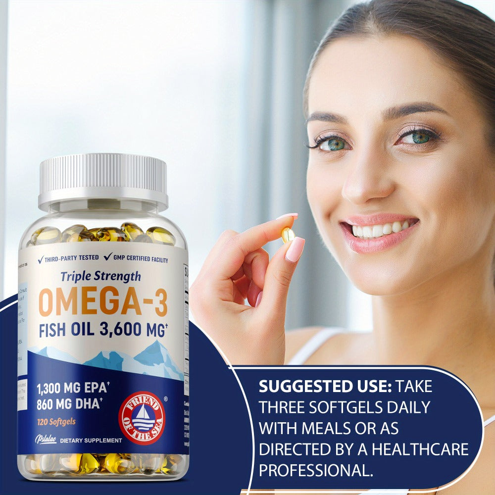 Triple Strength Omega 3 Fish Oil 120 Capsules with High EPA & DHA for Eye, Brain & Heart Health, Joint & Immune Support for M