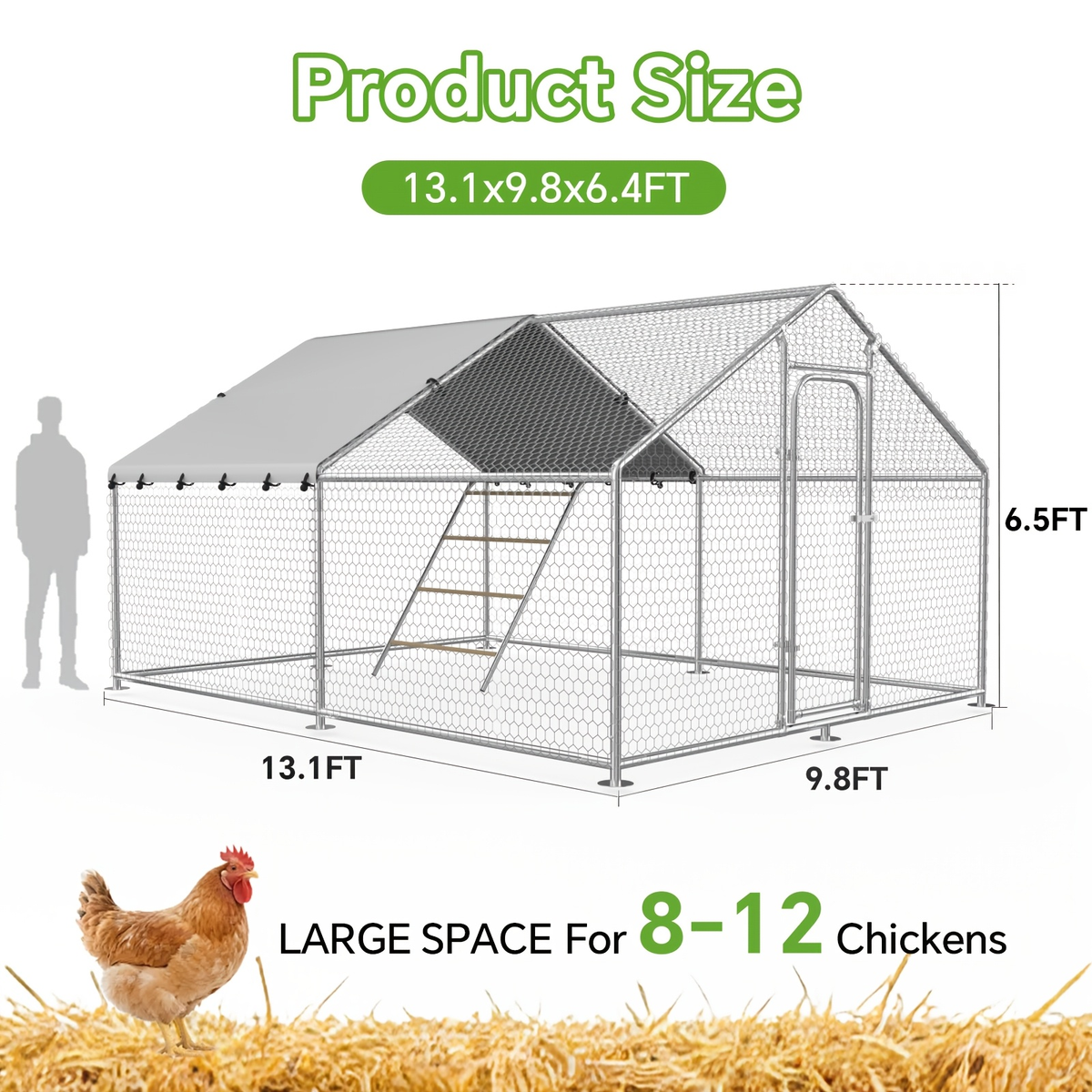 Dog Kennel Outdoor Large Metal Walk-in Chicken Run Pen Poultry Cage with Anti-UV Cover Movable Rack for Garden, Patio and Yar