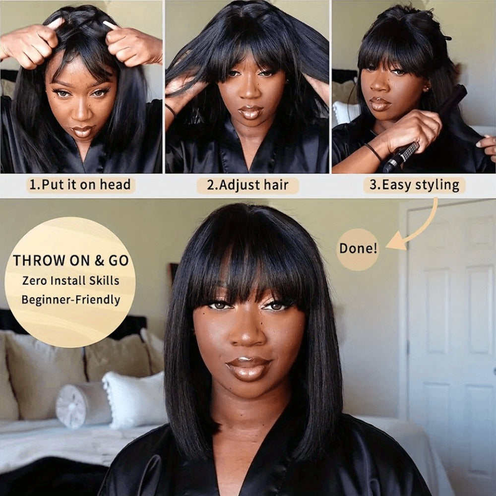 Straight Bob Wig with Bangs Human Hair 3x1 Lace Part Pre-Plucked Glueless Brazilian Short Bob 150 Density 1B/30 Highlight Nat