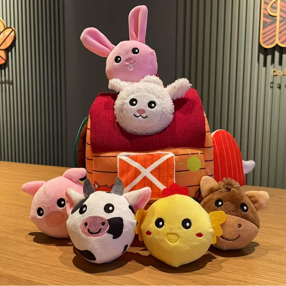 Farm Playset Baby Toy with 6 Plush Animals, Barn, Rattle, Crinkle & Mirror, Portable Sensory Learning Toy for Babies & Toddle