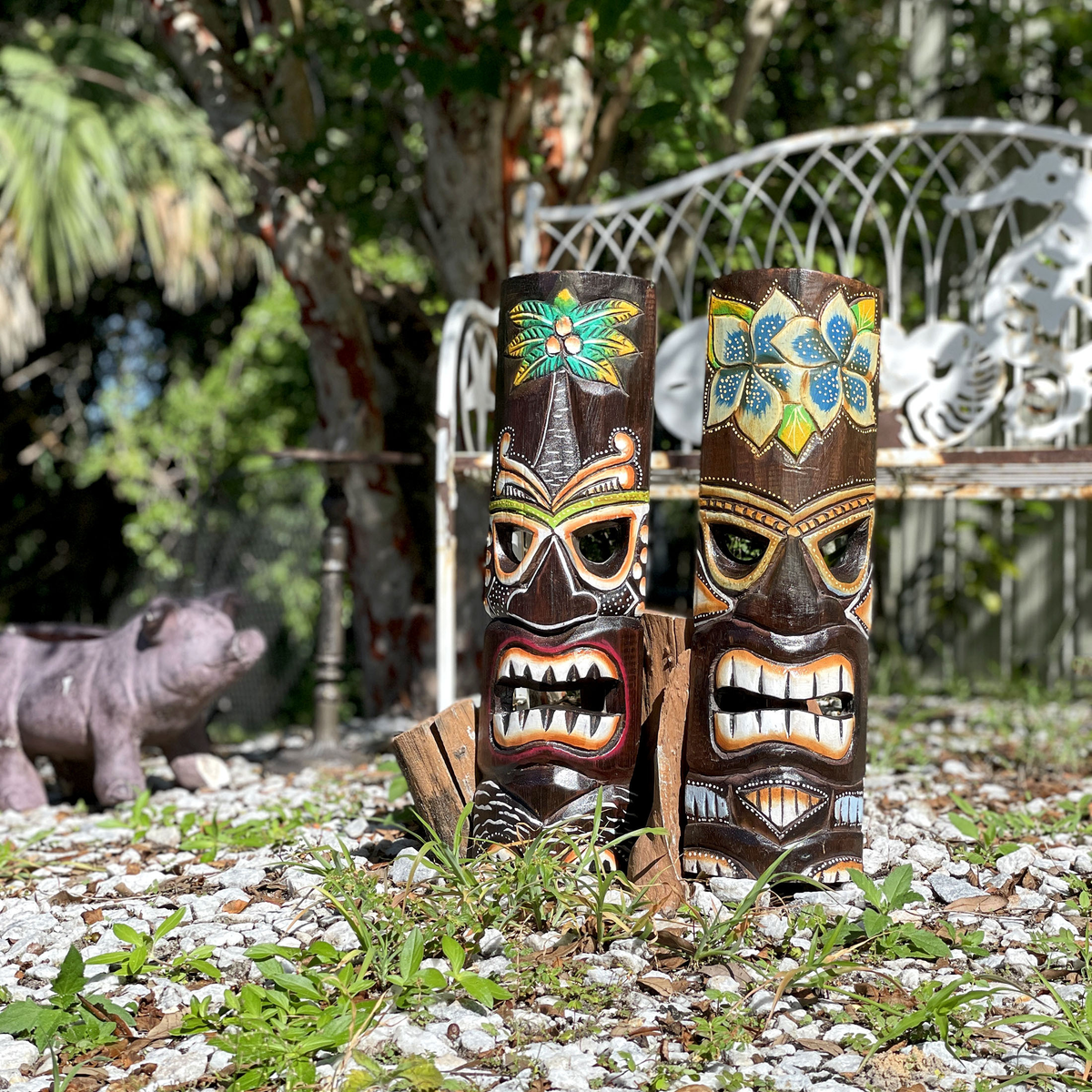 Tiki Wall Masks Set of 2 – Hand Carved Wooden 20" Tropical Decor with Palm Tree & Plumeria Designs for Indoor Outdoor Patio B