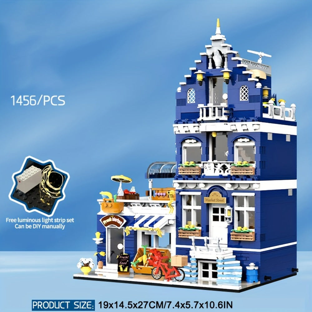 Modular City Building Blocks Set – European Architecture Grocery Store & Market Street, 3-Level Mini Brick Model Kit for Adul