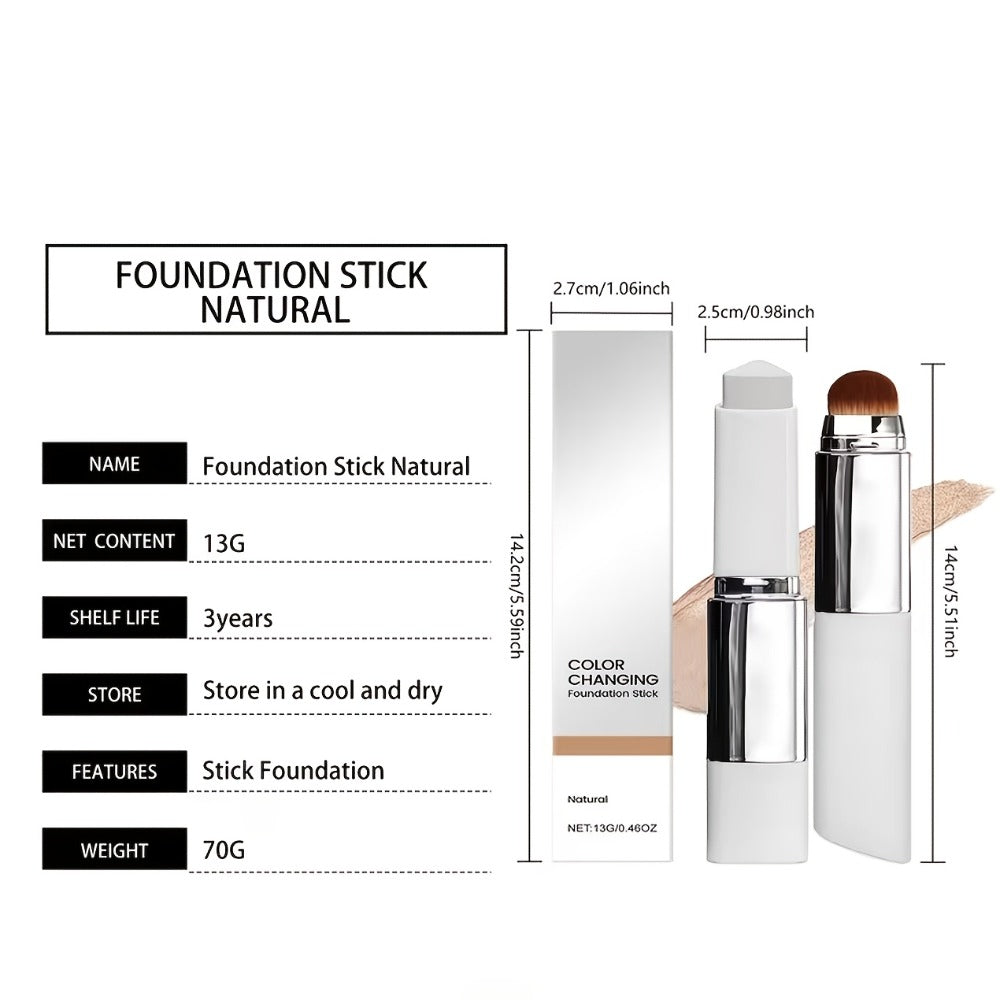 Skin Tone Adapting Color-Changing Foundation Stick 2-Piece with Built-In Brush & Puff – Lightweight Matte Finish Sheer to Bui