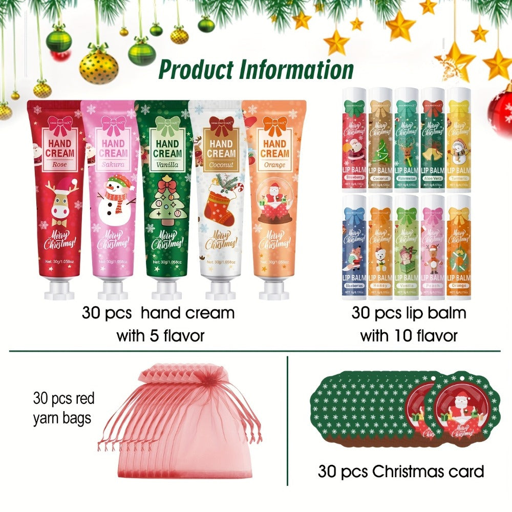 Bulk Gift Set 120 Pieces Lip Balm & Hand Cream with Red Velvet Bags & Holiday Cards – Moisturizing Party Favors for Colleague