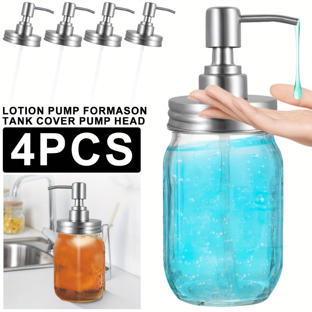 Mason Jar Soap Dispenser Pump Lids 4 Pack – 304 Stainless Steel Regular Mouth Mason Jar Pump Replacement, Leakproof Gasket — 