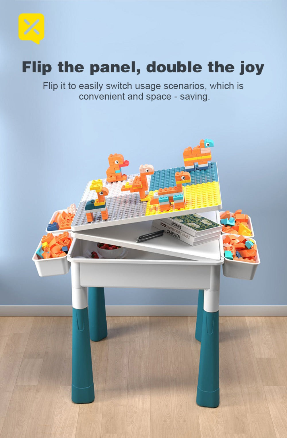 Kids Activity Table Building Blocks LEGO Compatible Play Table for Toddlers, Durable ABS Plastic Space-Saving Corner Design —