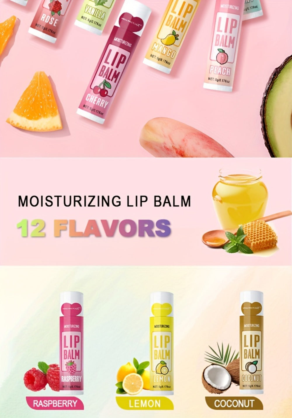 12-Piece Tube Lip Balm Set with 12 Pictured Fruit and Botanical Flavor Labels in a Display Box — image 12