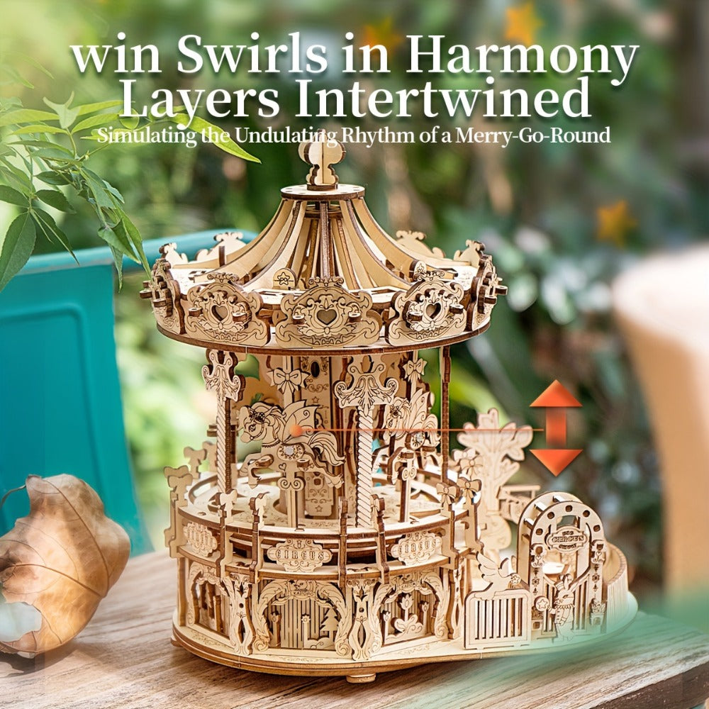 Rotating Merry-Go-Round Wooden Puzzle Kit, Mechanical Carousel 3D Model for Adults & Teens, DIY Kinetic Display Piece — image