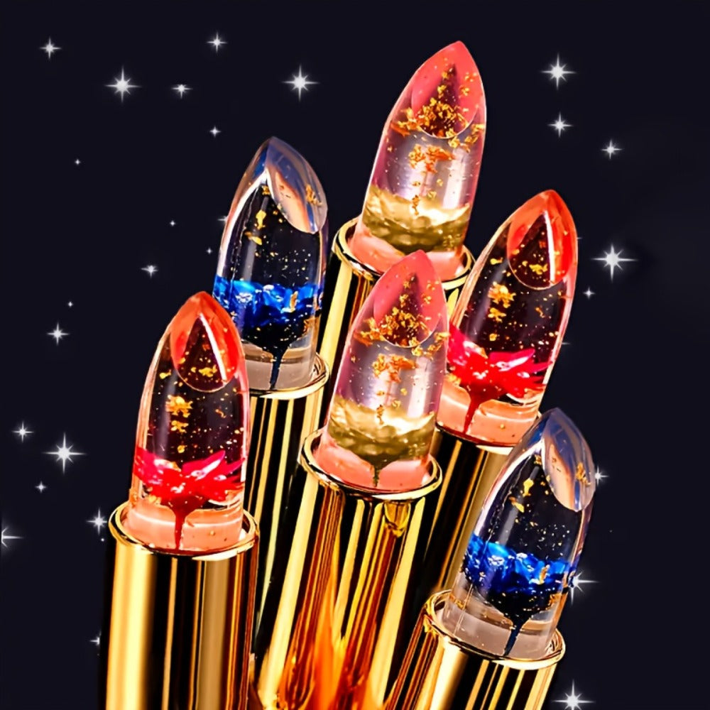 Jelly Flower Lipstick Set 6-Pack Color Changing Lip Balm Temperature Activated Tint Hydrating Squalane Formula Moisturizing T