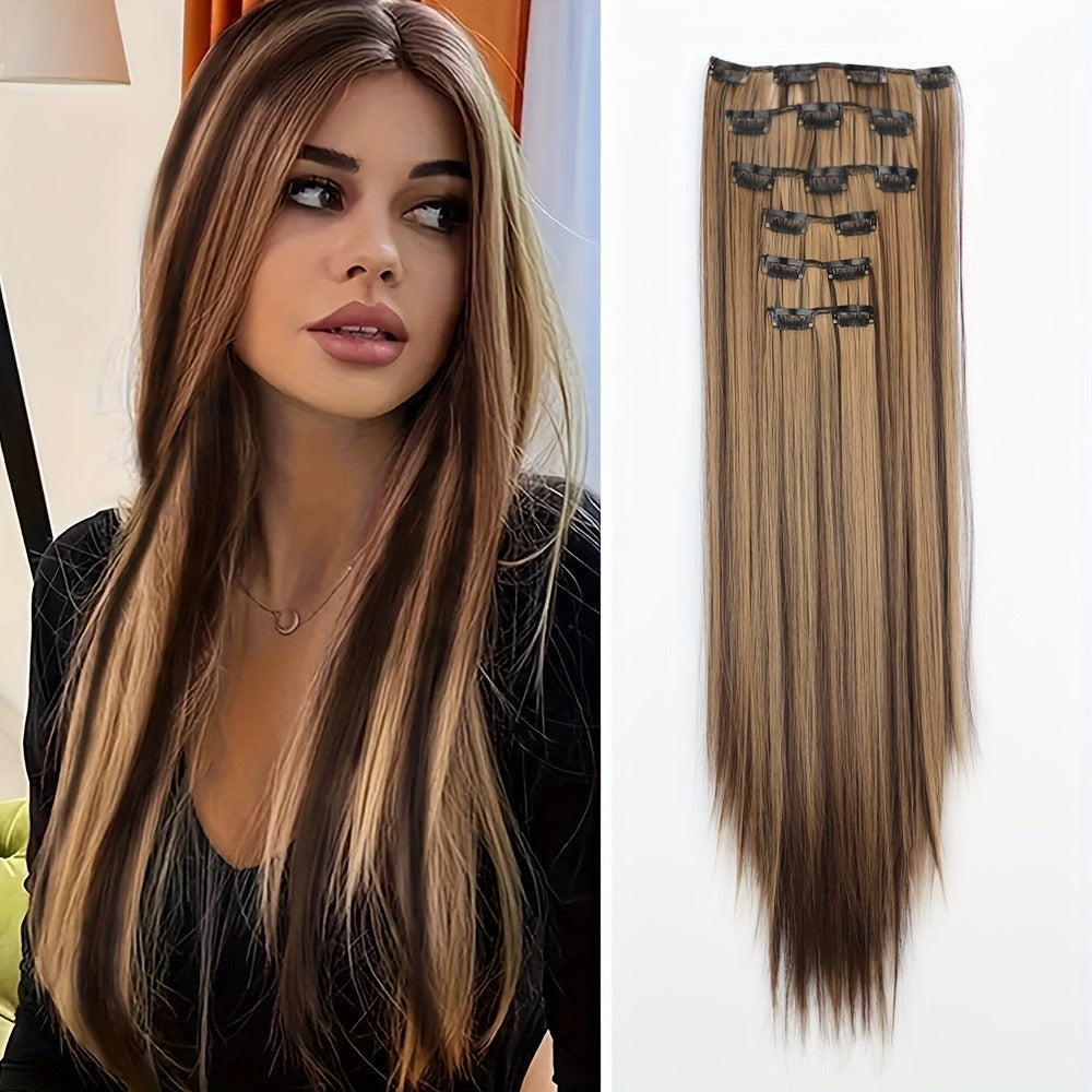 Clip In Hair Extensions 24 Inch for Women 6 Pieces 16 Clips – Heat Resistant Synthetic Hairpiece for Volume & Length — image 