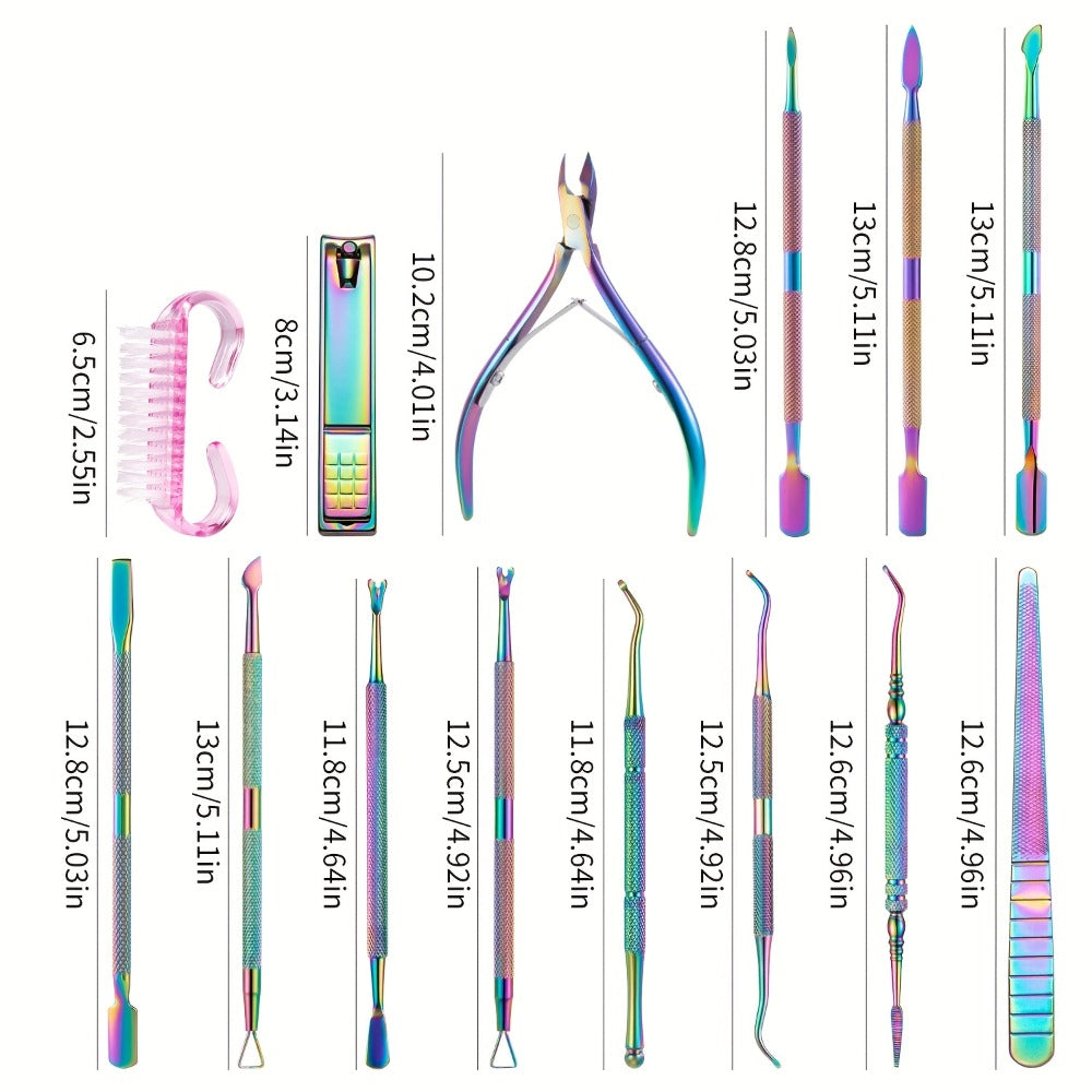 Nail Tech Kit 15pcs Professional Stainless Steel – Cuticle Nipper & Pusher Nail File Gel Polish Remover Complete Manicure Ped