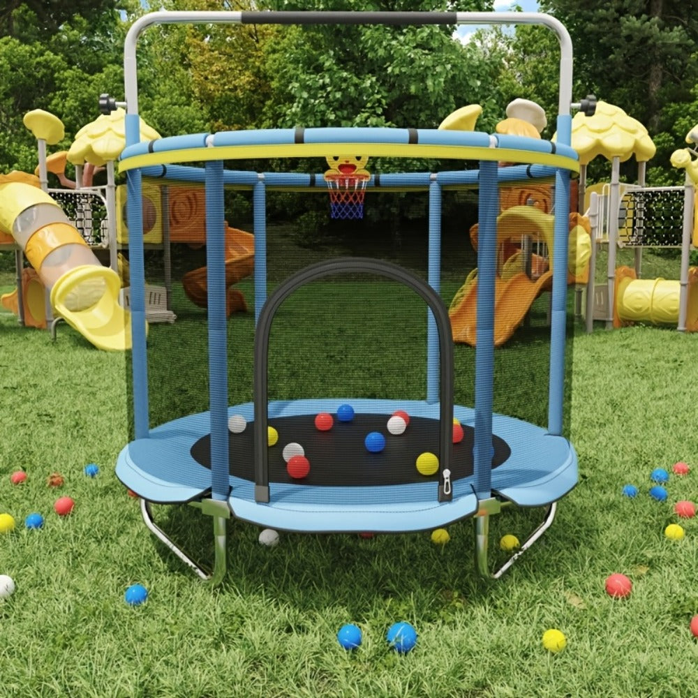 60 Inch Trampoline with Enclosure and Gymnastics Bar, Height Adjustable Indoor Outdoor Round Trampoline with Toys for Kids — 
