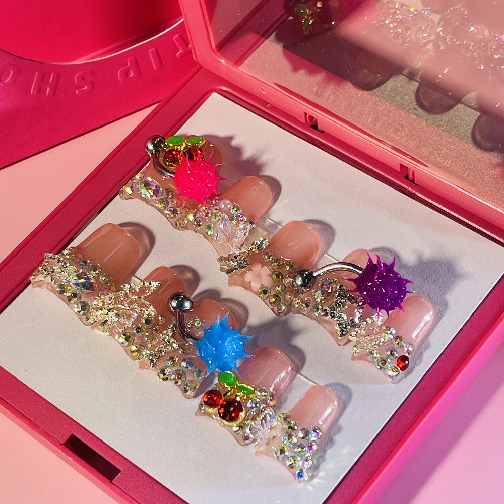Press On Nails Handmade Y2K Duckbill Set with 3D Eye Barbell Star Rhinestone Charms and S M L Sizes — image 6