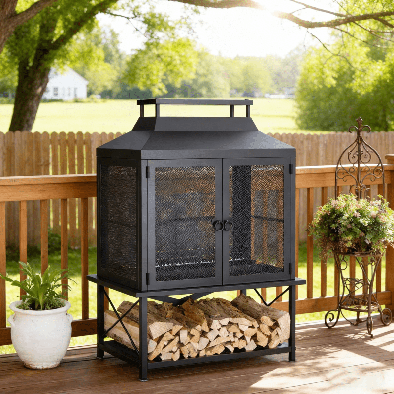 Outdoor Fireplace 39 Inch Rectangular Wood Burning Fire Pit with Grill, Spark Screen & Poker — image 4