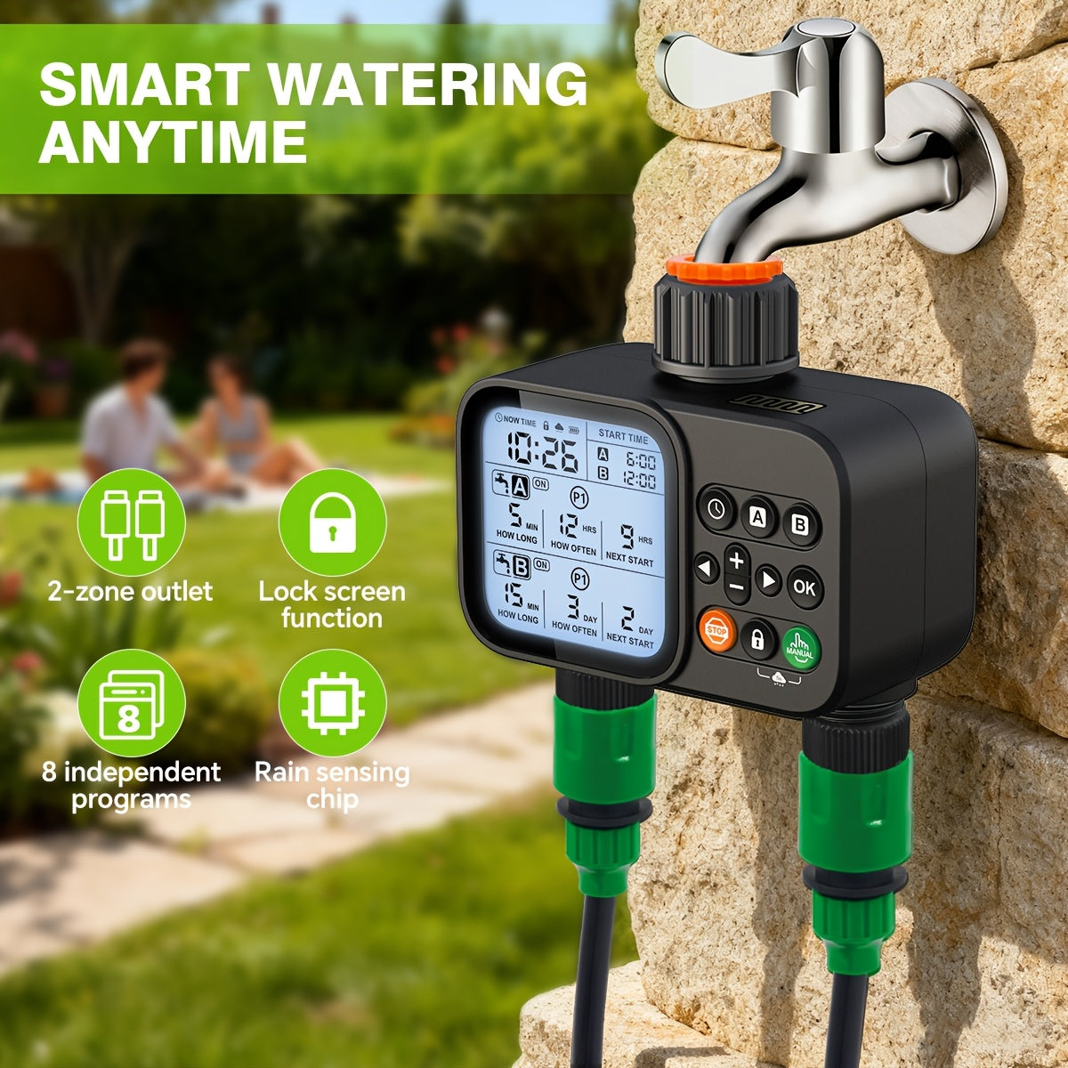 Automatic Drip Irrigation Timer Smart Garden Watering Controller 2-Zone, for Garden, Lawn and Yard Watering — image 1