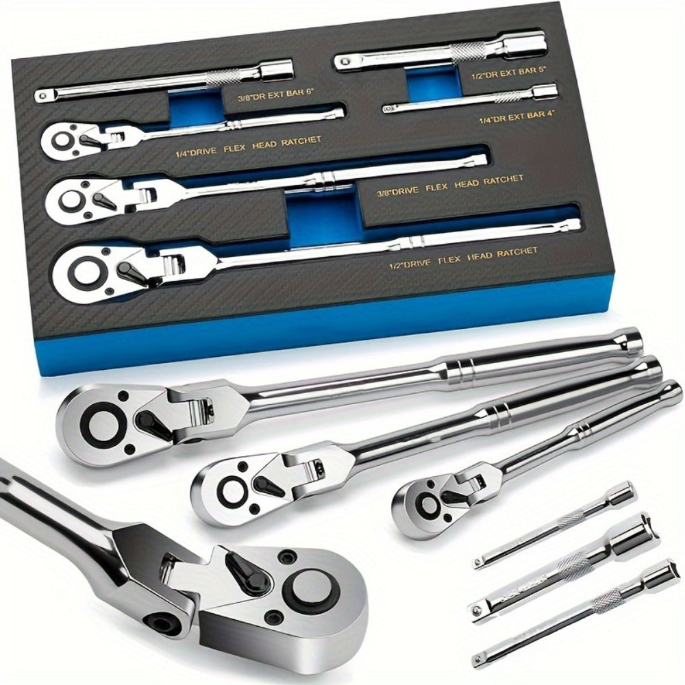6-Piece Ratchet Wrench Set 1/4" 3/8" 1/2" Drive – Rotating Head Ratchet with Extension Bar, Chrome-Plated Stainless Steel — i
