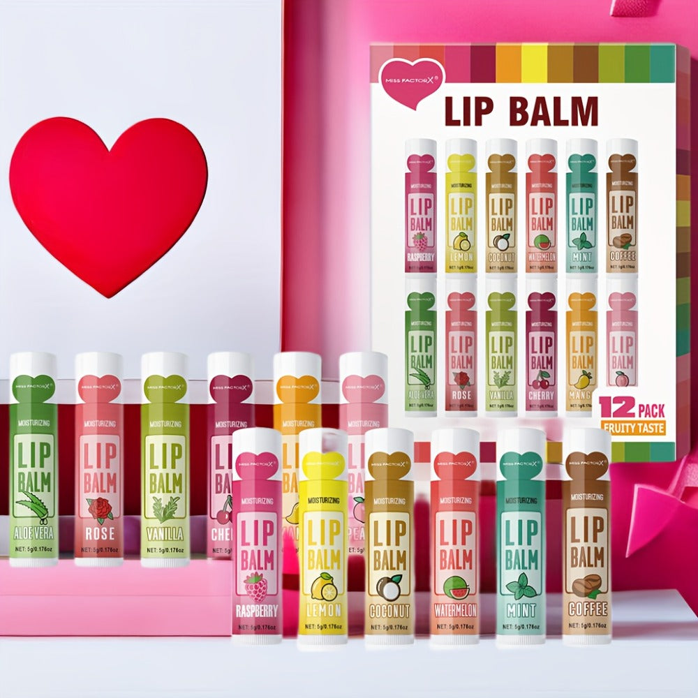 12-Piece Tube Lip Balm Set with 12 Pictured Fruit and Botanical Flavor Labels in a Display Box — image 7