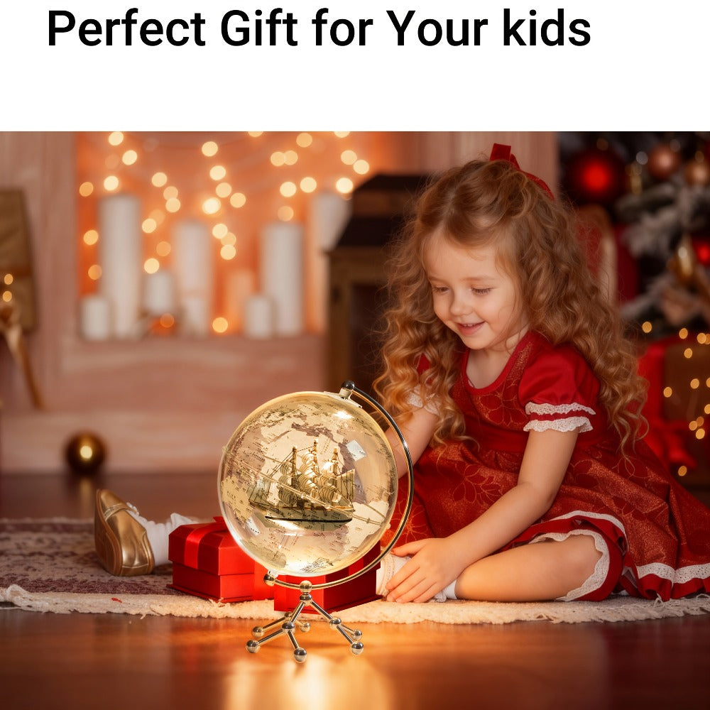 LED Lighted Globe for Kids & Adults 7.87 Inch Clear Acrylic Earth Globe Warm White Light Metal Stand Detailed World Map | Des