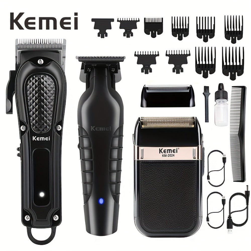 Kemei Hair Clipper & Beard Trimmer Set for Men – Professional Grooming Kit with Reciprocating Shaver, USB Rechargeable, Home 