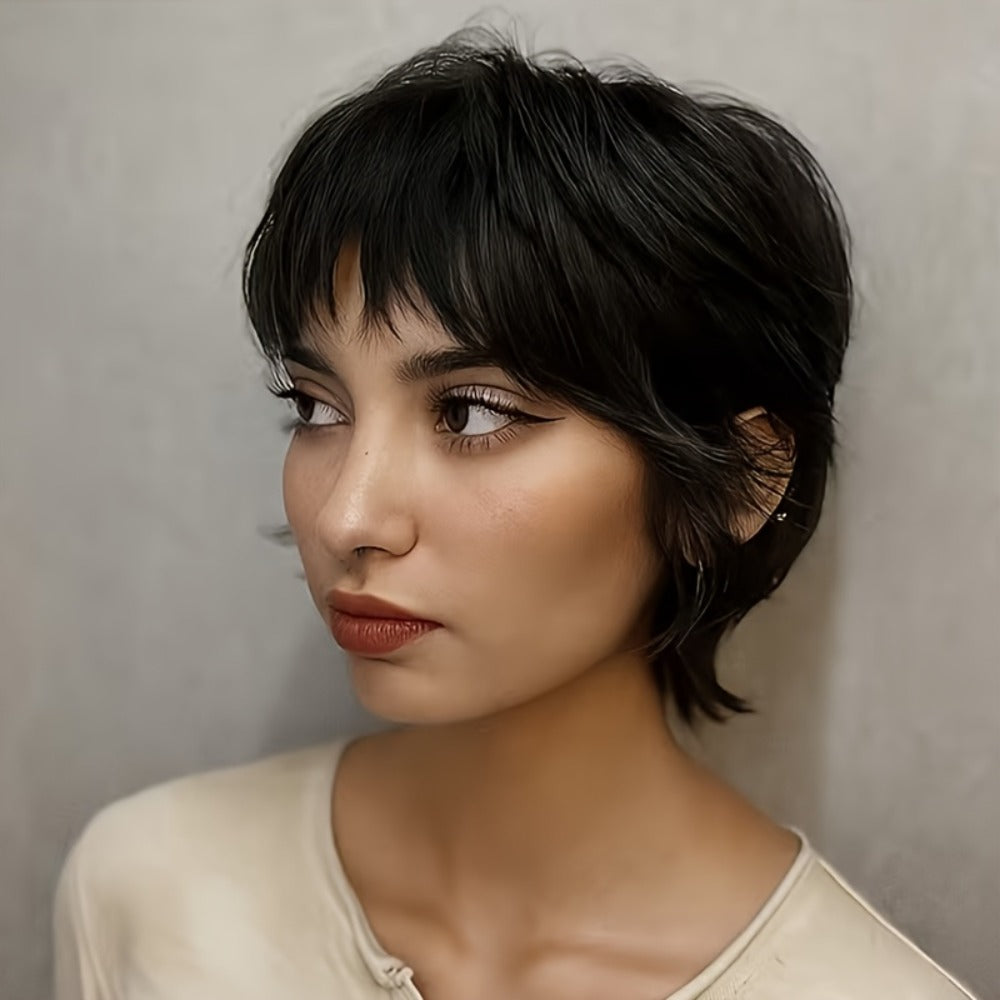 Wig Short Curly Wavy Pixie Bob in Natural Black, 6-Inch Human Hair with Bangs and Rose Net Cap — image 8