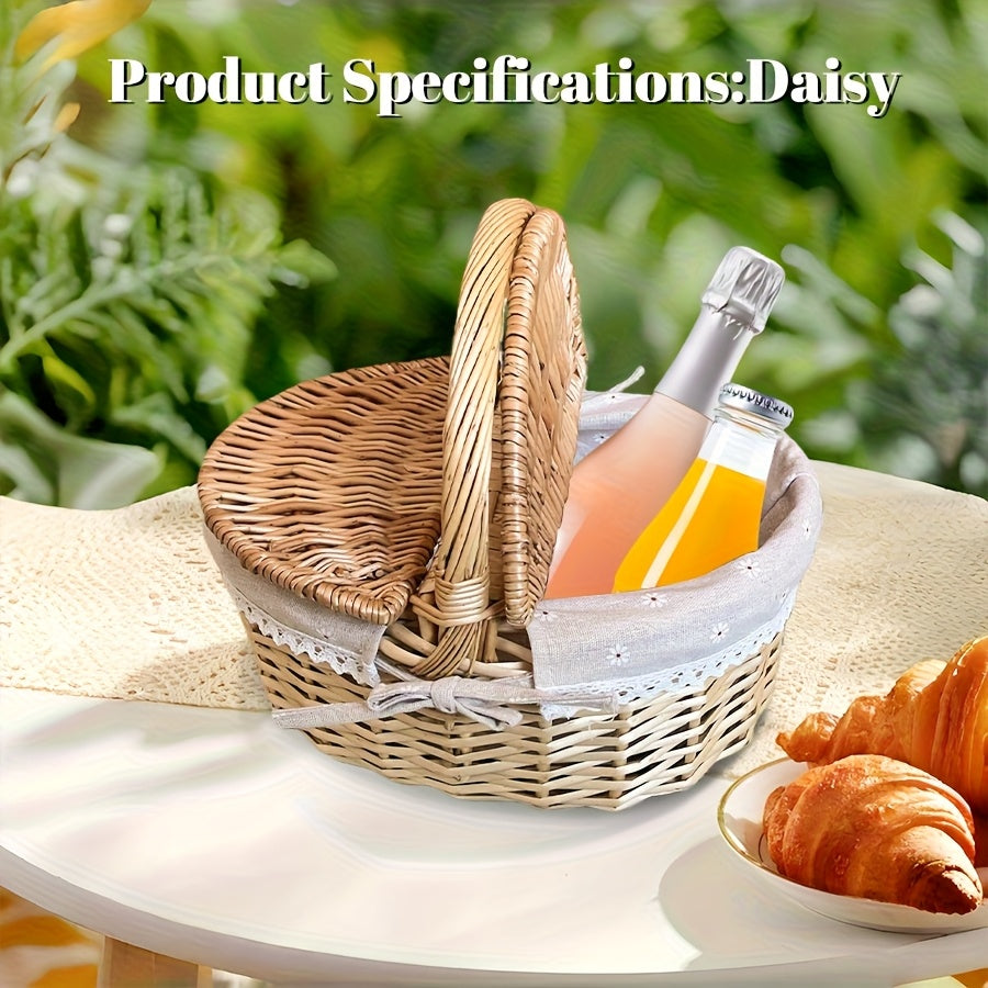 Covered Wicker Picnic Hamper with Twin Lid Panels in Red Plaid or Daisy Pattern Textile Styles — image 7