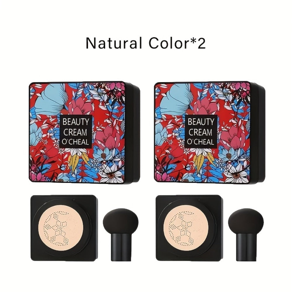 BB CC Cream 2 Pack with Mushroom Air Cushion Puff, Full Coverage Lightweight Makeup Base, Moisture-Retaining Dewy Finish Foun