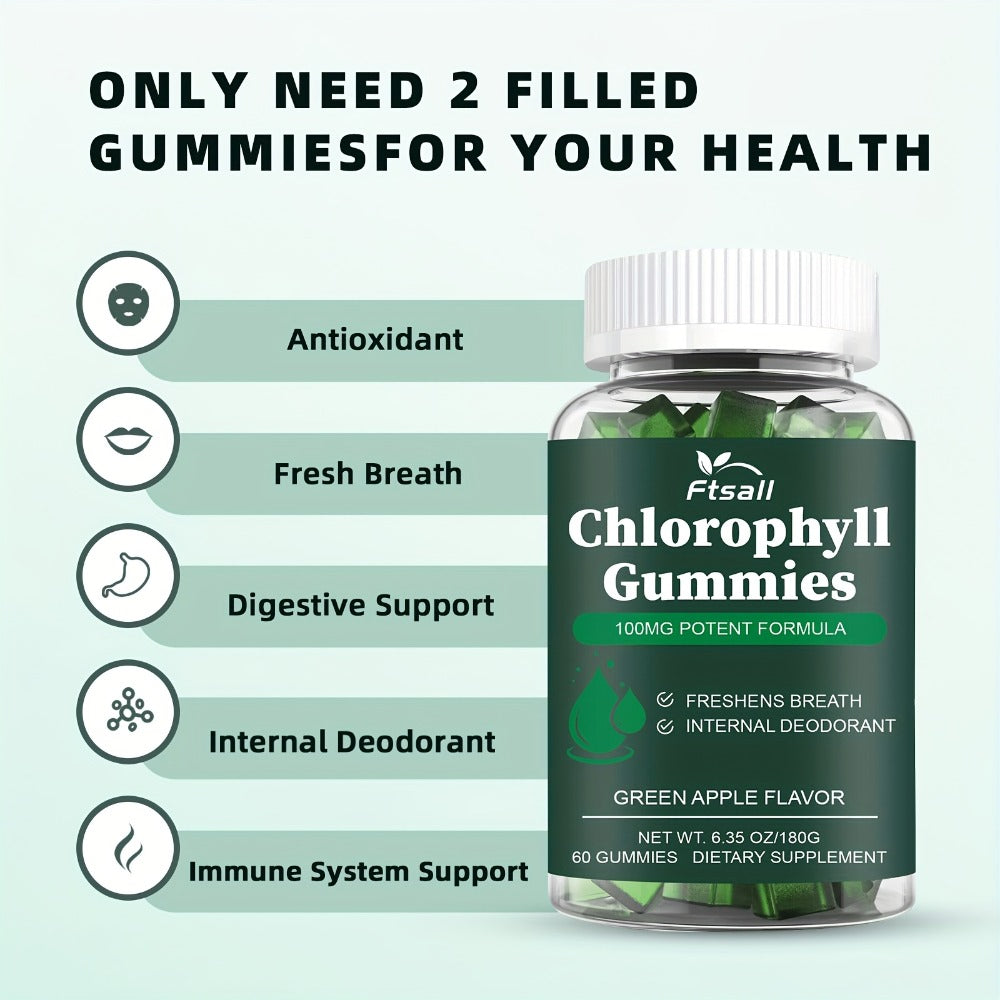 Chlorophyll Gummies 60 Count with Vitamin C D3 E B12 Zinc Irish Sea Moss Elderberry Echinacea & Apple Cider Vinegar — image 4