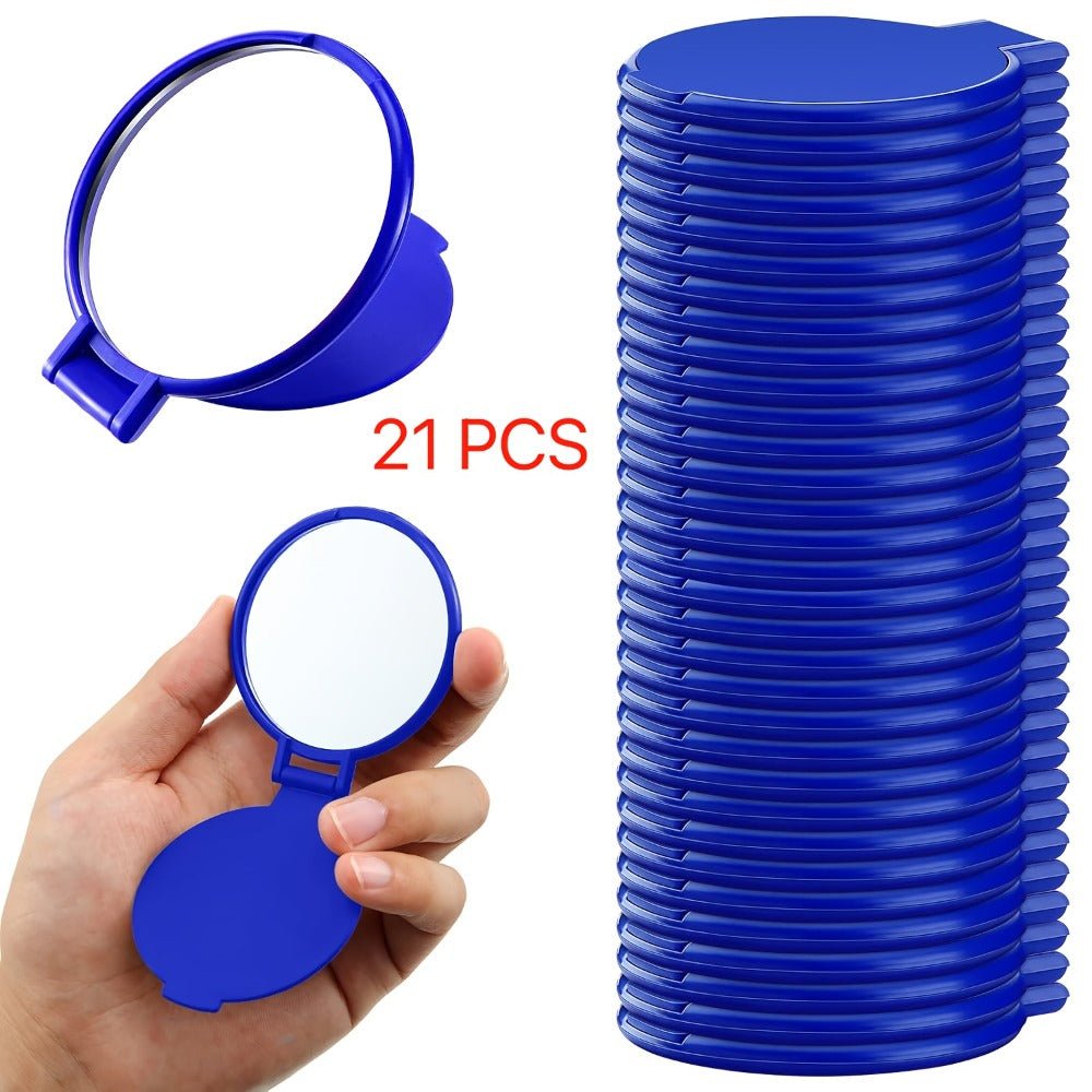 Makeup Mirror Set 10 or 21-Piece Royal Blue Folding Pocket Compacts with Round Glass, Flip Covers and Stand Function — image 