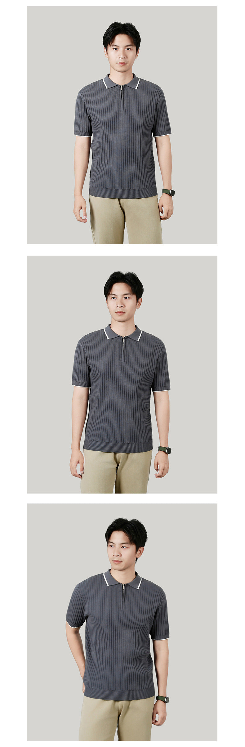 Men's Half-zip Ice Silk Knitted Lapel Vertical Striped Top
