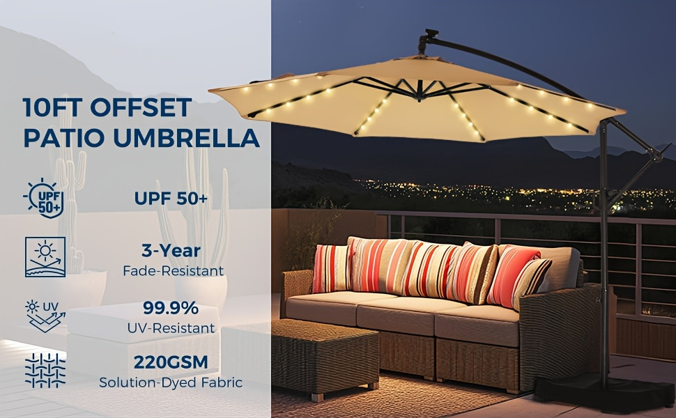 Patio Umbrella 10FT Solar LED Cantilever Style with 32 Lights, Eight-Rib Frame, Tilt and Four Colors — image 11