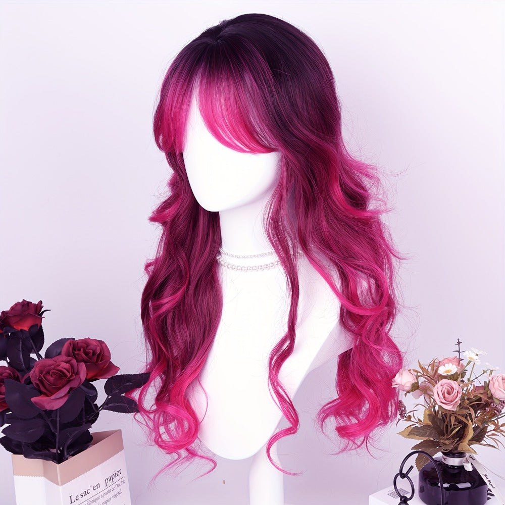 Synthetic Wig 28-Inch Rose-Red Gradient Waves with Air Bangs, 150% Density and Rose Net Cap — image 2