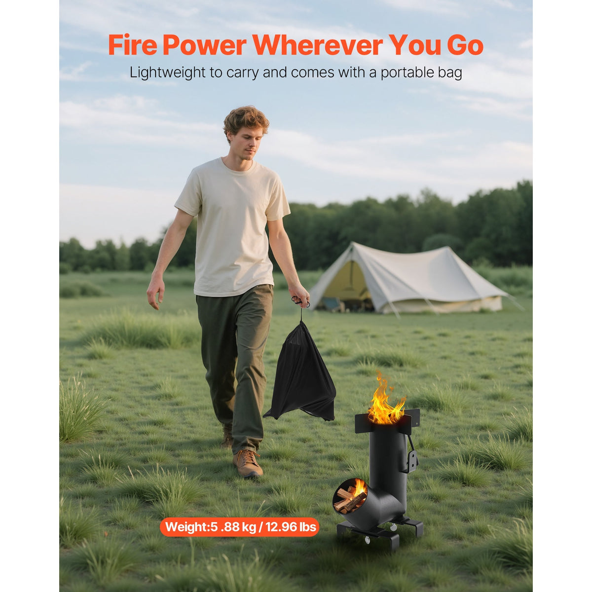 Black Wood-Burning Rocket Camping Stove with Cast-Iron Cooktop, Storage Bag and 12.96-Pound Weight — image 5