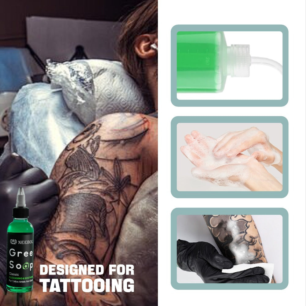 Tattoo Green Soap Cleaning Kit Neebol 8.5oz Concentrated Soap Squeeze Bottle Moisturizing Balm Cream Lint-Free Wipes Complete