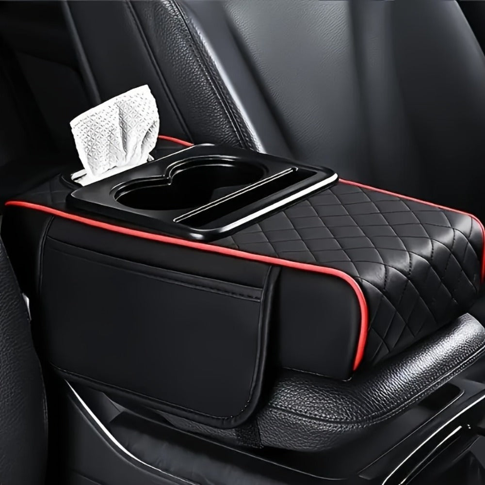 Car Center Console Cover PU Leather – Universal Armrest Box Mat with 2 Cup Holders & 2 Side Pockets, Phone & Card Storage — i