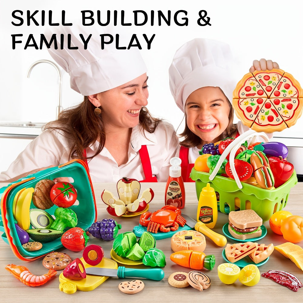 Pretend Play Food Set 85pcs, Cutting Toy Food with 2 Baskets, Pizza Veggies & Fruits, Play Kitchen Accessories for Toddlers —