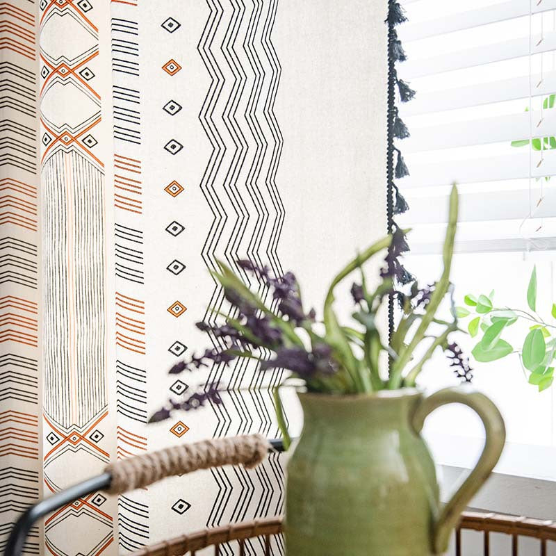 Boho Cream Cotton And Linen Print Sun Shade Non-punched Curtain Fabric