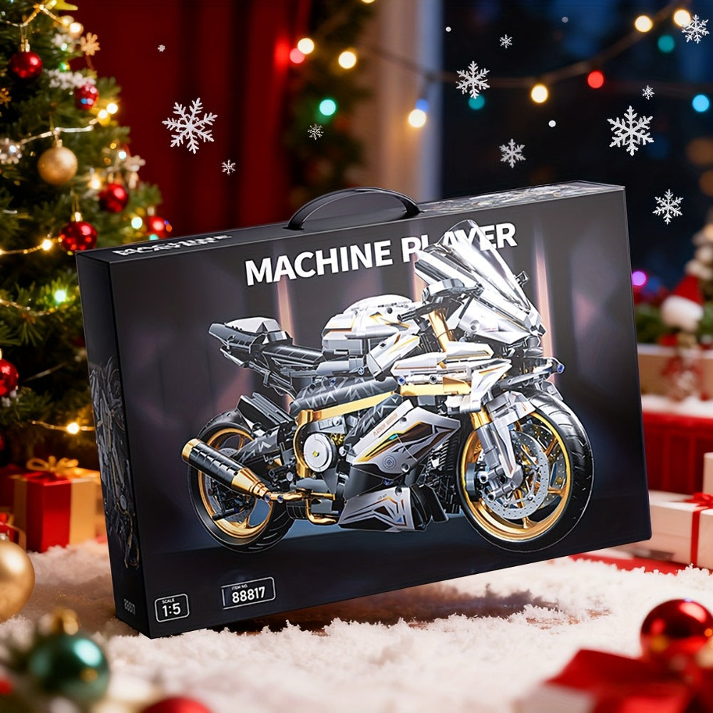 Motorcycle Building Blocks Model Kit 1:5 Scale 2000+ Pieces, Platinum Gold & White Collectible Brick Motorbike Display Set — 